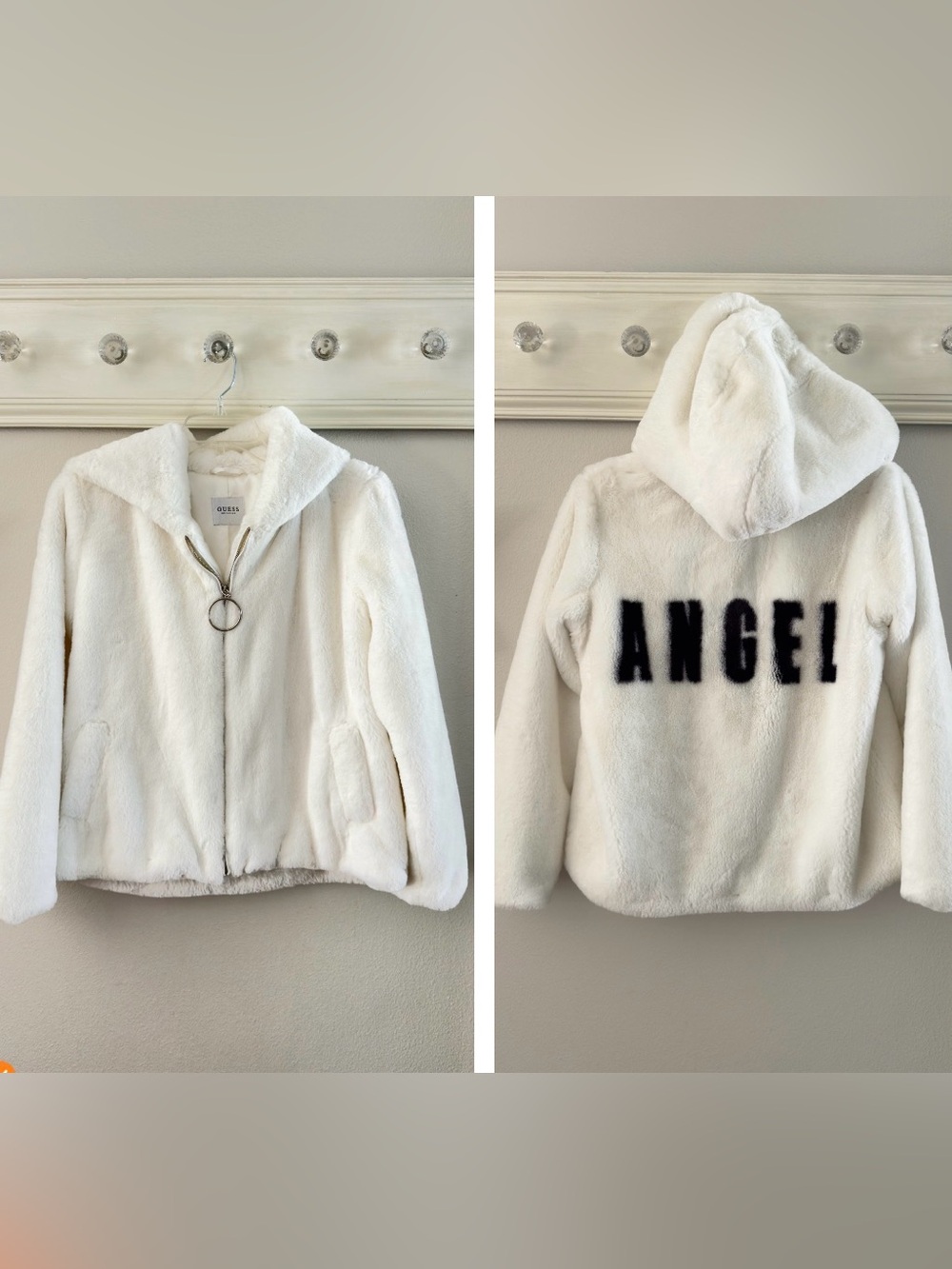 GUESS Los Angeles White Faux Fur "Angel" Hoods cropped jacket Size L EUC *RARE*
